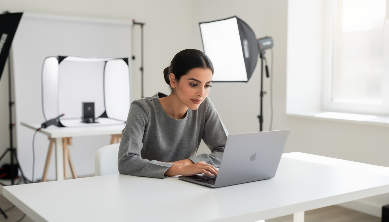 Commercial photographer reviewing product shots on a laptop in a bright minimalist studio with clean white surfaces and professional lighting rigs