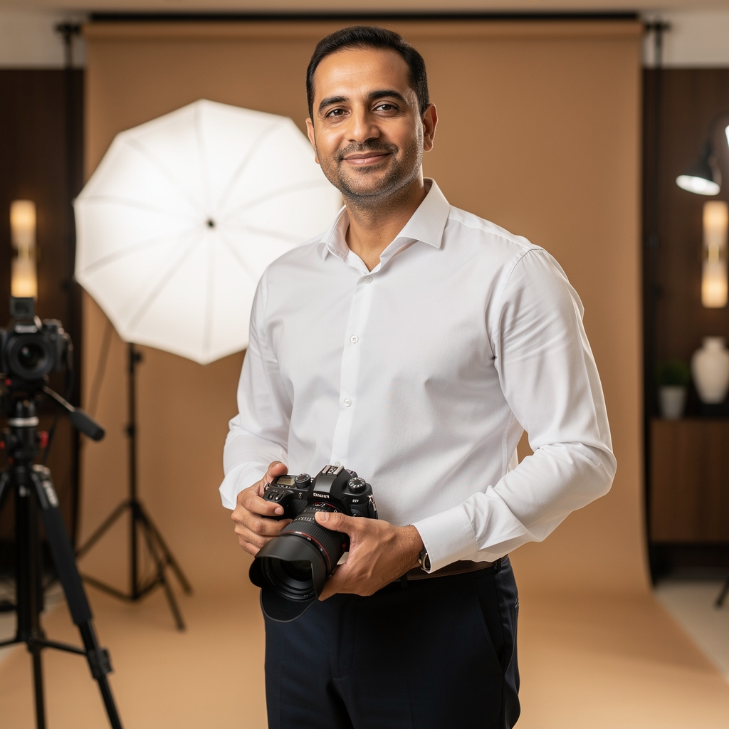 Lead photographer in professional attire standing in a photography studio with camera equipment visible in the background