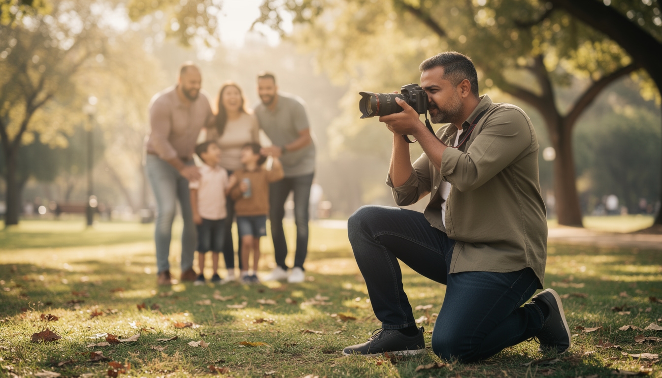 Portrait photographer kneeling at eye level with a family during an outdoor session in a park with soft natural light filtering through trees