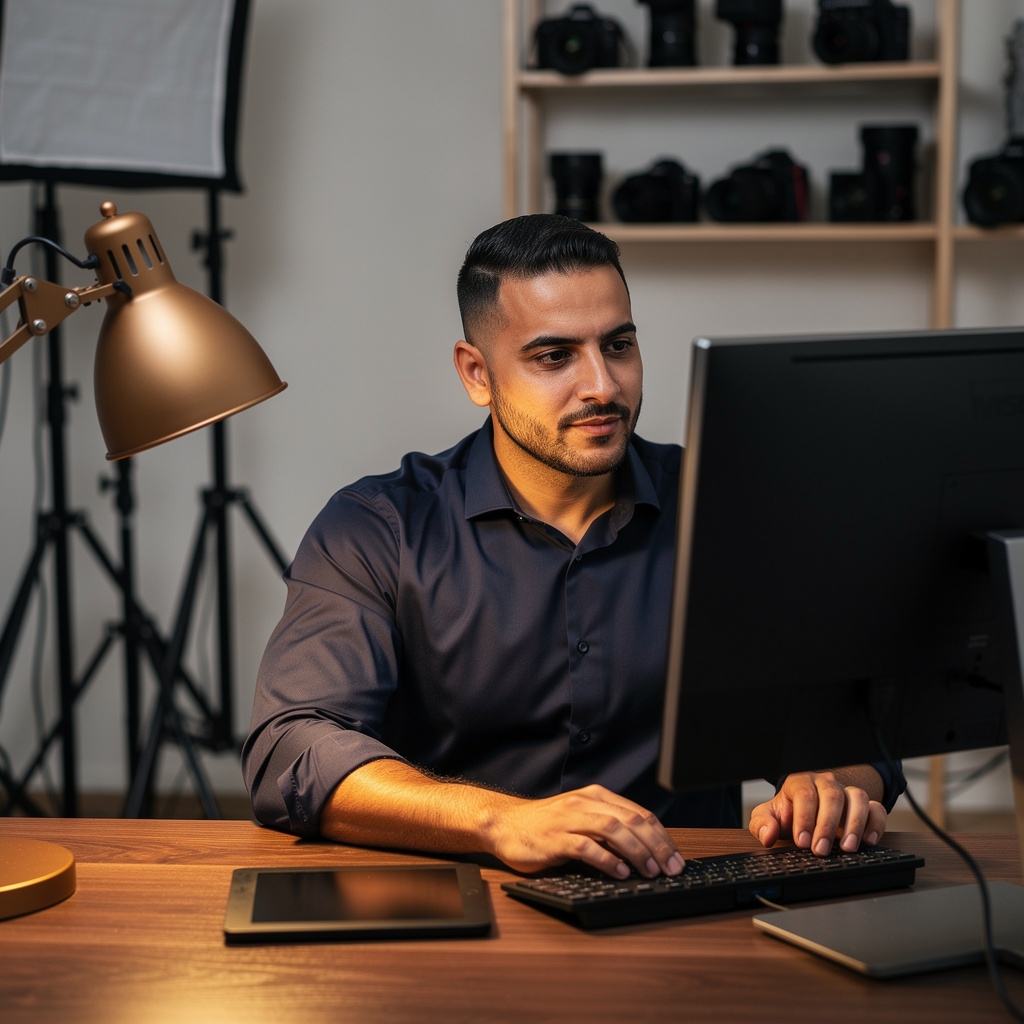 Professional photographer reviewing images on camera in a well-lit studio environment