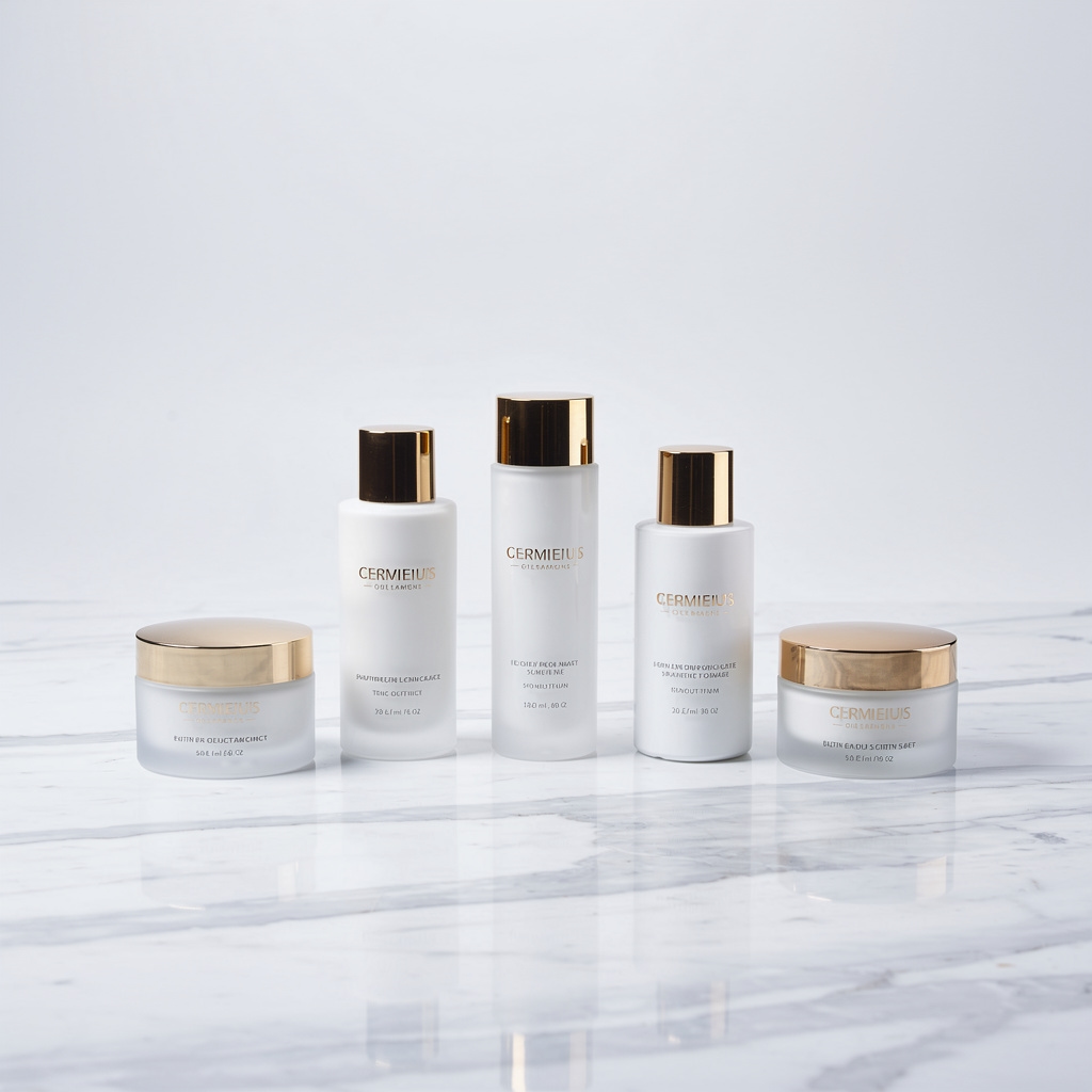 Luxury skincare products arranged on a white studio surface with professional lighting