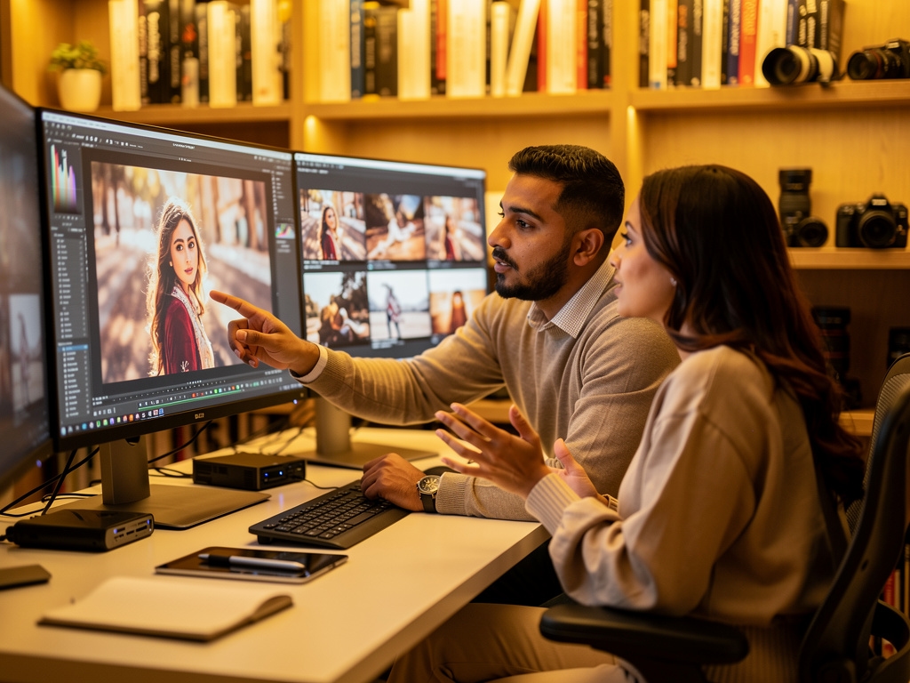 Two photographers reviewing and editing images together on desktop monitors in a professional post-production workspace with warm ambient lighting