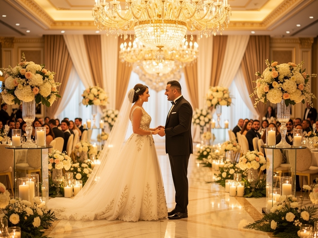 Bride and groom during a wedding ceremony in an elegantly decorated Egyptian venue